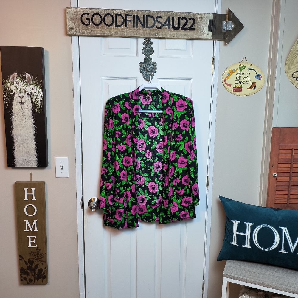 Vintage Judith Michaels Floral Multicolor Boho Lightweight Open Front Blazer L